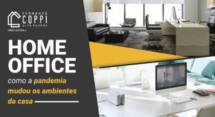 Ilustração do artigo sobre home office, onde vemos uma montagem com duas fotos de um escritório e o título: Home office: como a pandemia mudou os ambientes da casa